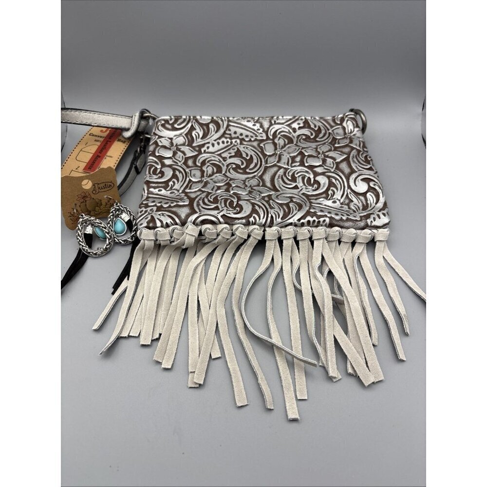 Justin Convertible Bag Wristlet & Earrings Brown White Embossed Fringe Western